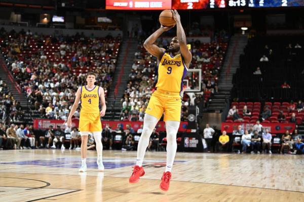 Bro<em></em>nny James Jr. #9 of the Los Angeles Lakers scores on the Cleveland Cavaliers in the first half of a 2024 NBA Summer League game at the Thomas & Mack Center on July 18, 2024 in Las Vegas, Nevada.