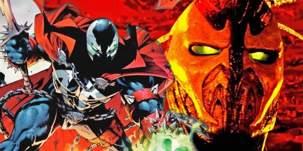 Live-action Spawn with the comic book version of him in the foreground.